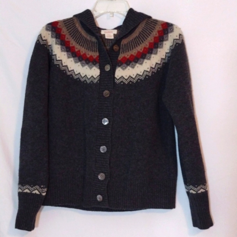 Sundance 100% lambswool fair isle cardigan hoodie sweater gray red brown size M